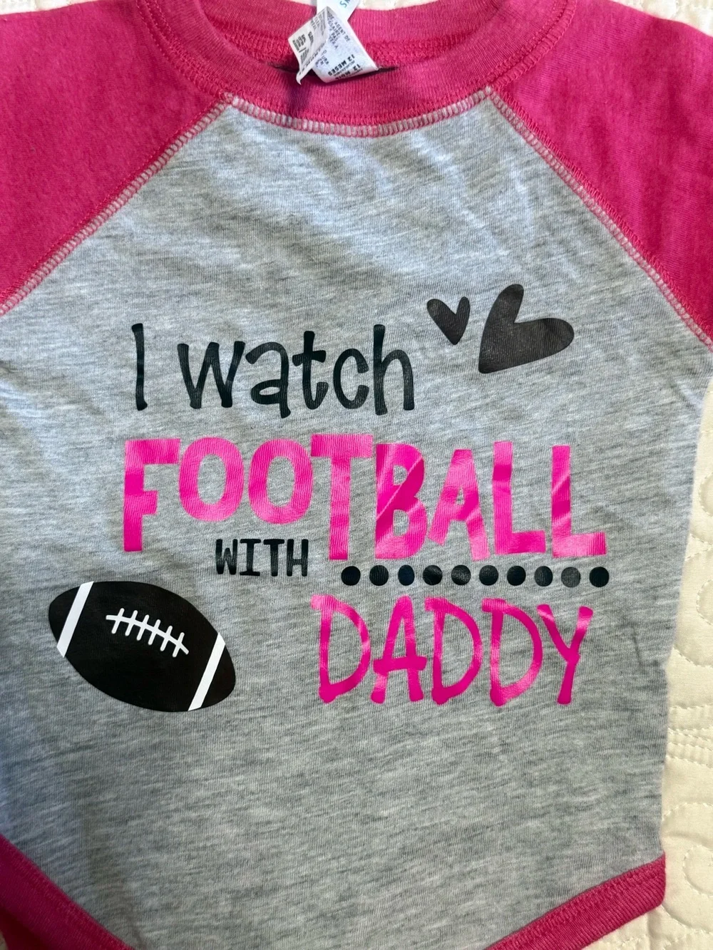 Hot Pink and Gray Football themed onesie “I Watch Football With Daddy” baby
